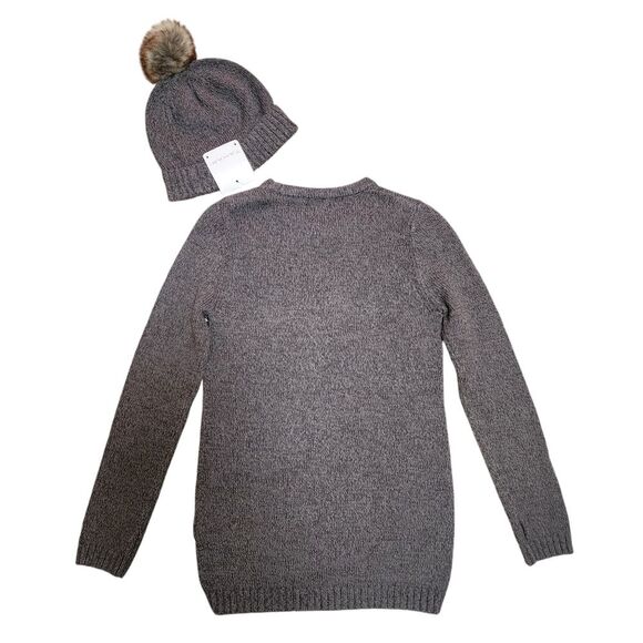 Tahari Sweater Hat Set Girls L Gray Cotton Blend Knit Red Heart Faux Fur Pom - Picture 5 of 8